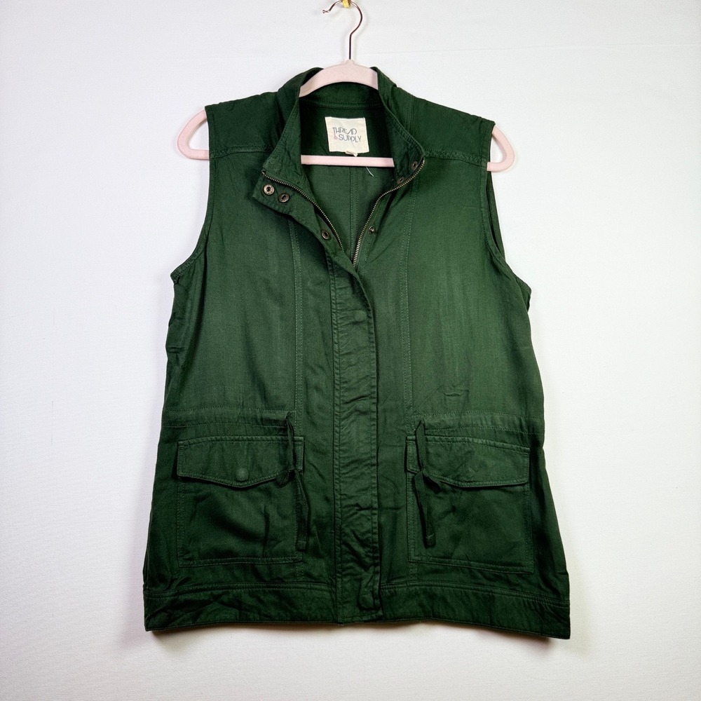 THREAD & SUPPLY Olive Full Zip Cargo Utility Vest Large